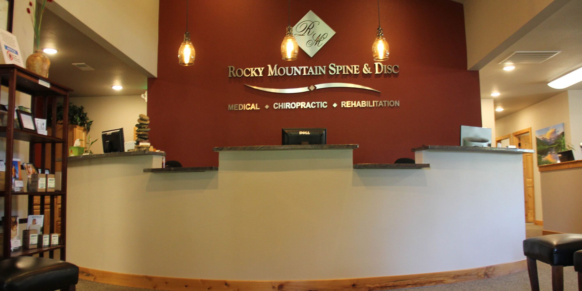 The welcoming front desk and reception area inside Rocky Mountain Spine and Disc